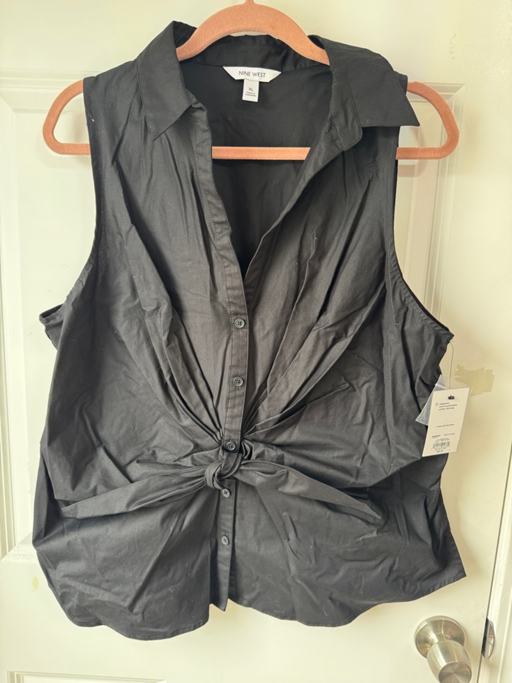 Nine West Black Sleeveless Button-Front Knot Top